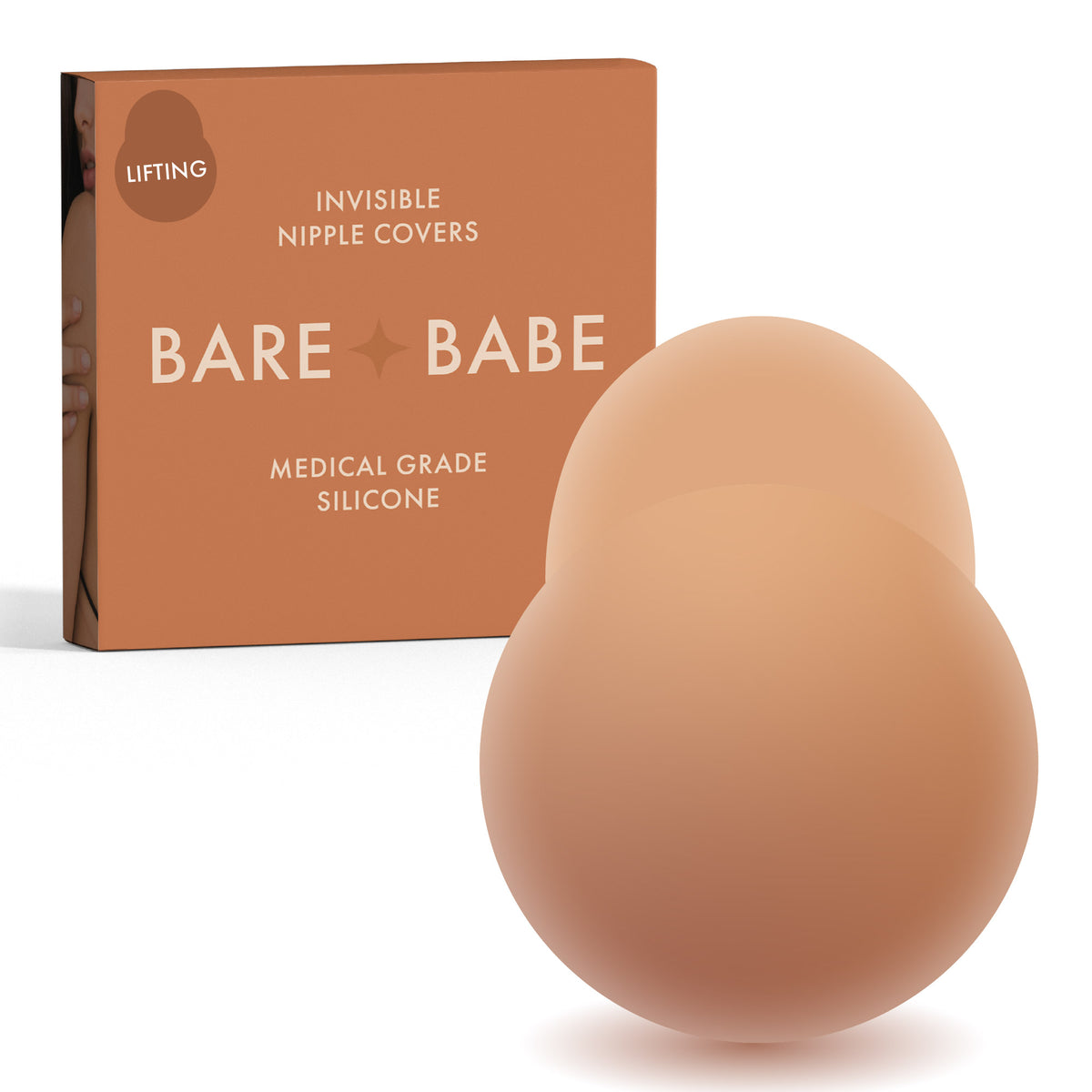 Easy Lifting Nipple Covers (One Tab) in Caramel: single-tab reusable silicone lift nipple cover in front of its Caramel Bare Babe box, labelled Lifting, invisible nipple covers, medical grade silicone