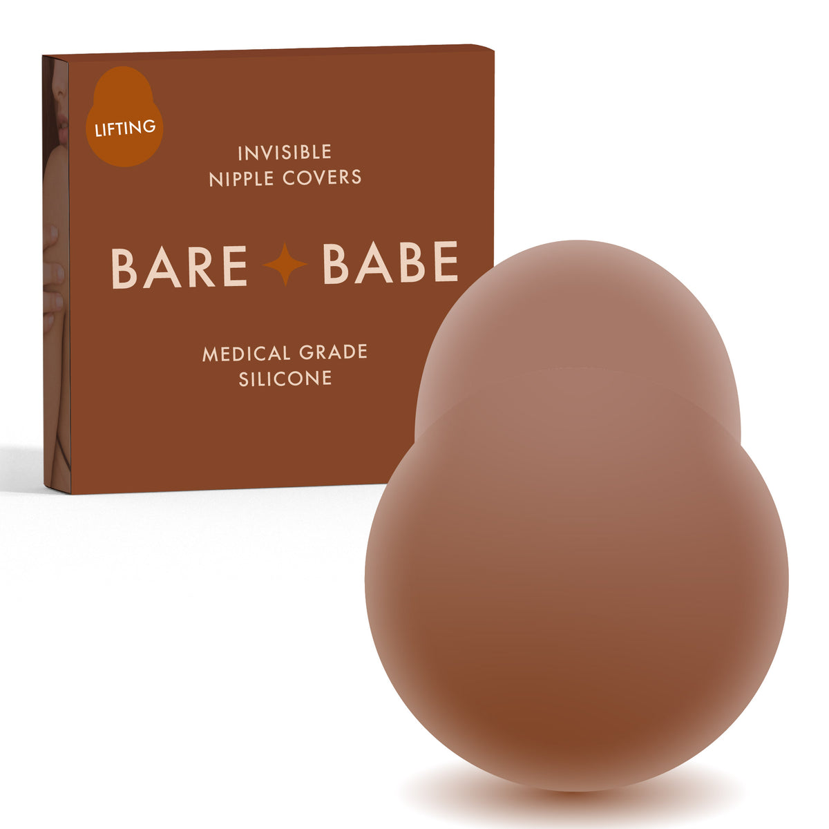 Easy Lifting Nipple Covers (One Tab) in Cocoa: single-tab reusable silicone lift nipple cover in front of its Cocoa Bare Babe box, labelled Lifting, invisible nipple covers, medical grade silicone
