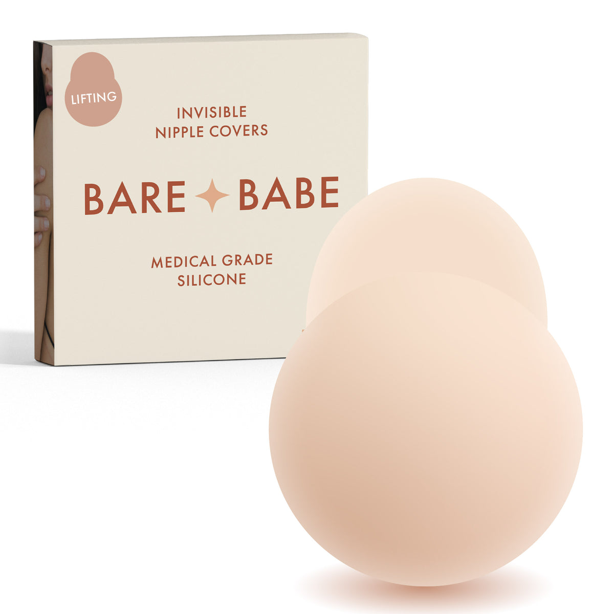 Easy Lifting Nipple Covers (One Tab) in Creme: single-tab reusable silicone lift nipple cover in front of its Creme Bare Babe box, labelled Lifting, invisible nipple covers, medical grade silicone