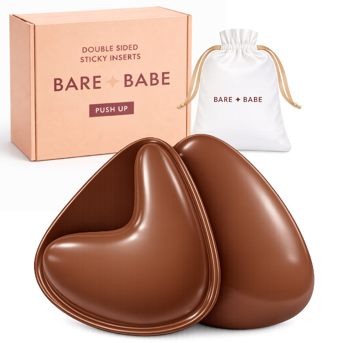Extra-Boost Sticky Push Up Inserts in Cocoa, a pair of double-sided sticky push-up bra inserts in front of the Bare Babe Push Up box and white drawstring travel bag