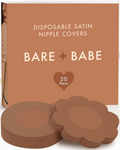 Satin Nipple Pasties in Caramel: box of 20 pairs of disposable satin nipple covers with stacks of round and flower-shaped pasties, 6.5 cm, hypoallergenic adhesive, latex-free and vegan.