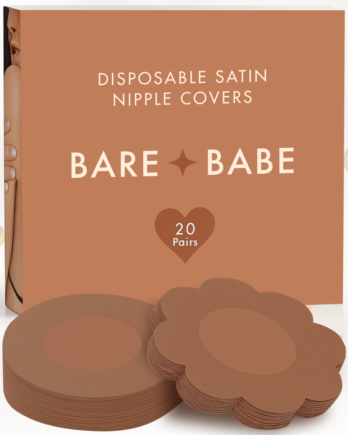Satin Nipple Pasties in Caramel: box of 20 pairs of disposable satin nipple covers with stacks of round and flower-shaped pasties, 6.5 cm, hypoallergenic adhesive, latex-free and vegan.
