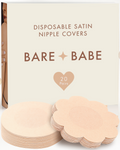 Satin Nipple Pasties in Creme: box of 20 pairs of disposable satin nipple covers with stacks of round and flower-shaped pasties, 6.5 cm, hypoallergenic adhesive, latex-free and vegan.