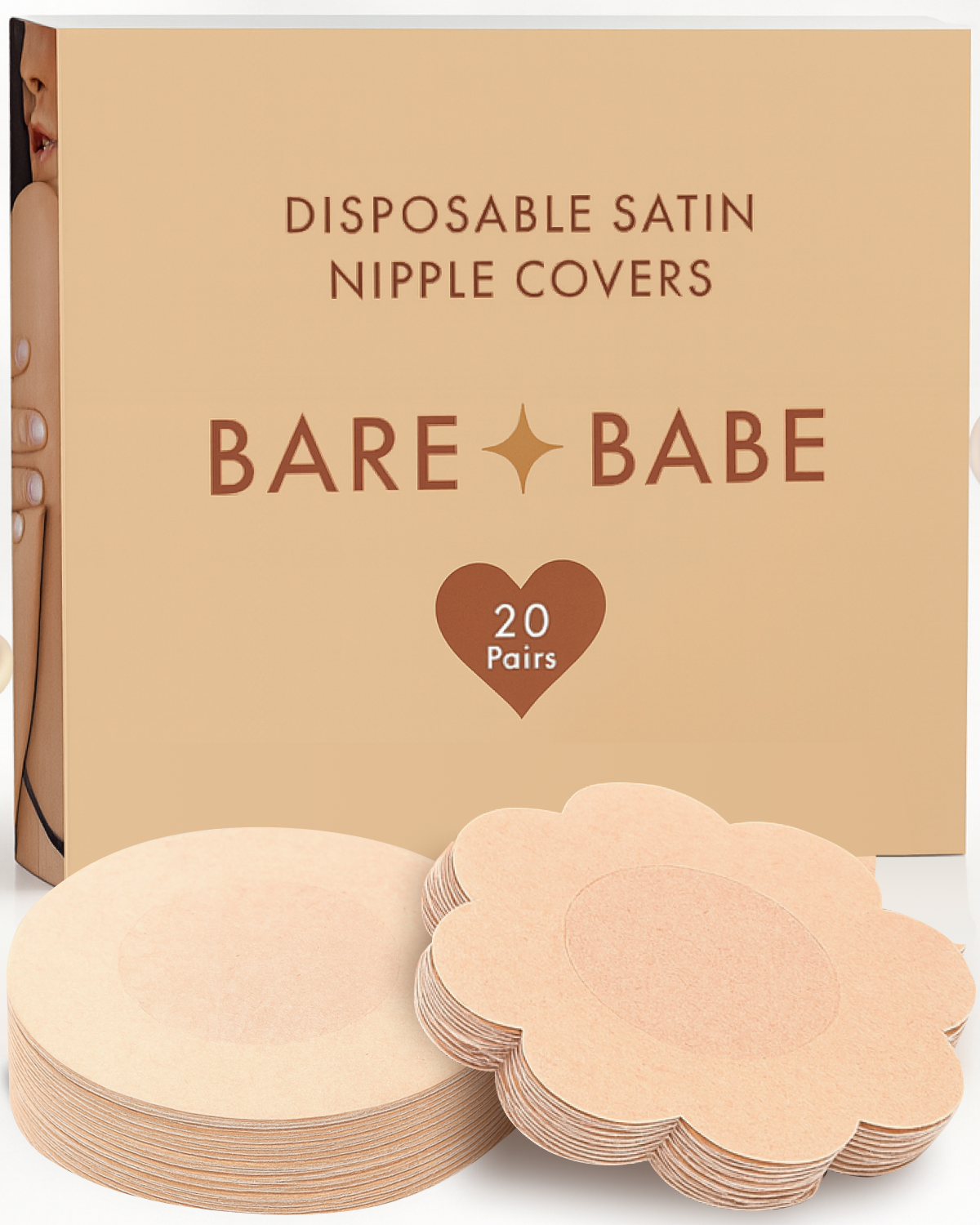 Satin Nipple Pasties in Honey: box of 20 pairs of disposable fabric nipple covers with stacks of round and flower-shaped pasties, 6.5 cm, hypoallergenic adhesive, latex-free and vegan.