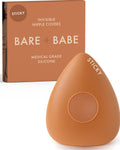 Sensitive Triangle Nipple Covers in Caramel: a rounded-triangle sticky silicone nipple cover marked Sticky, with its adhesive-free center ring, in front of the Caramel Bare Babe box in medical-grade silicone.