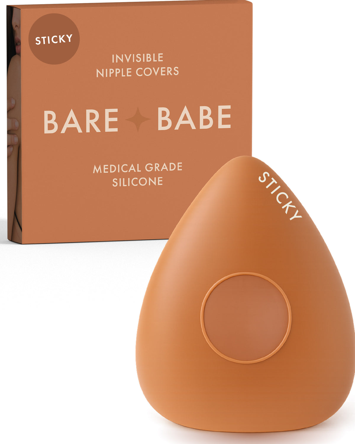 Sensitive Triangle Nipple Covers in Caramel: a rounded-triangle sticky silicone nipple cover marked Sticky, with its adhesive-free center ring, in front of the Caramel Bare Babe box in medical-grade silicone.