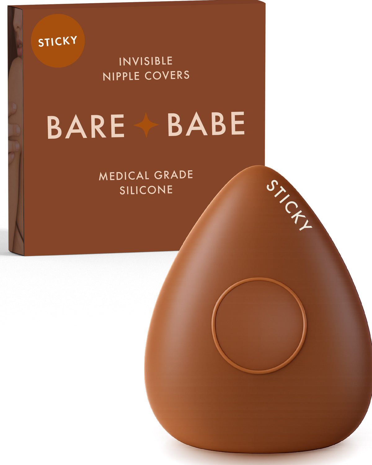 Sensitive Triangle Nipple Covers in Cocoa: a rounded-triangle sticky silicone nipple cover marked Sticky, with its adhesive-free center ring, in front of the Cocoa Bare Babe box in medical-grade silicone.