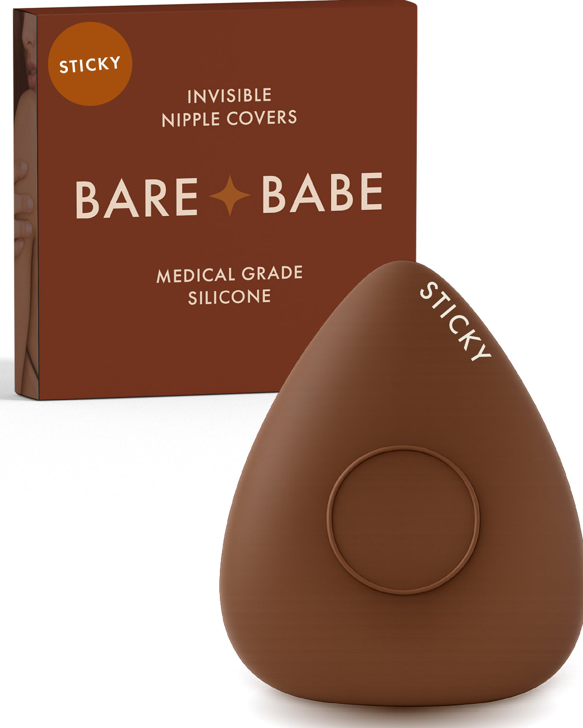 Sensitive Triangle Nipple Covers in Mocha: a rounded-triangle sticky silicone nipple cover marked Sticky, with its adhesive-free center ring, in front of the Mocha Bare Babe box in medical-grade silicone.