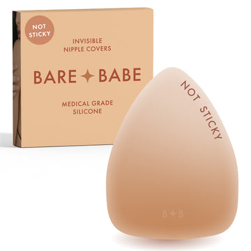 Triangle Non-Adhesive Nipple Covers in Honey: grippy, not sticky triangle silicone nipple cover marked Not Sticky, in front of its Honey Bare Babe box, invisible nipple covers in medical grade silicone